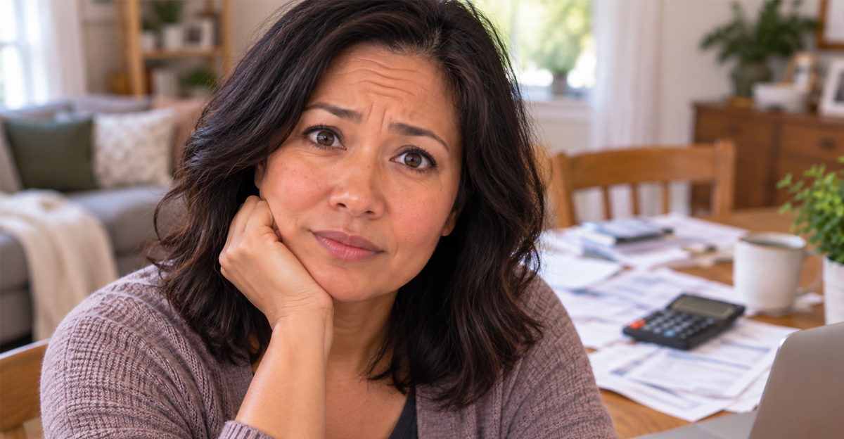 Concerned woman with personal finances on kitchen table behind her