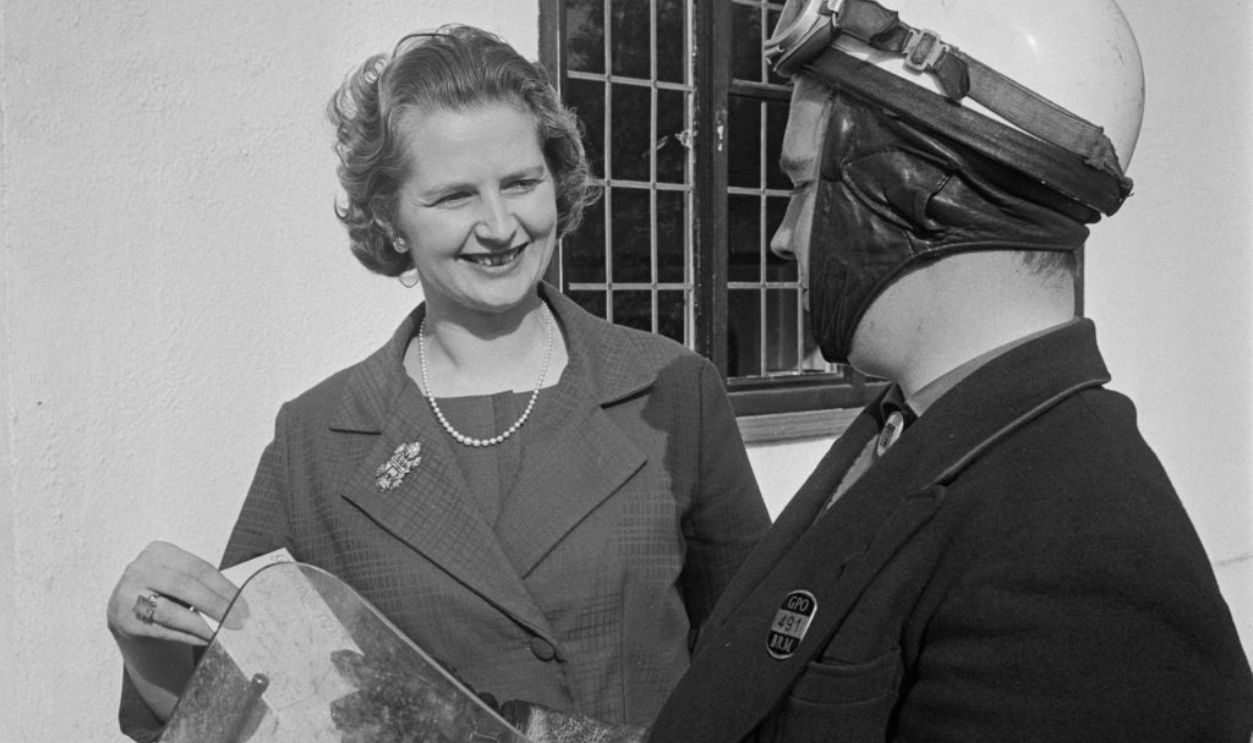 Conservative Party politician Margaret Thatcher (1925 - 2013), the new Member of Parliament for Finchley, receiving a GPO telegram from a motorbike messenger