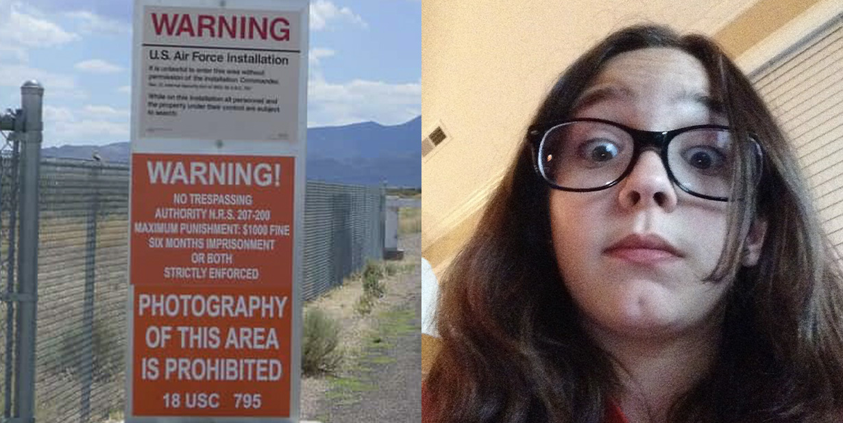 no trespassing sign and scared woman selfie split image