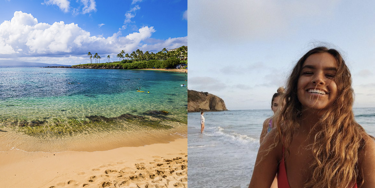 Beach and beach selfie split image