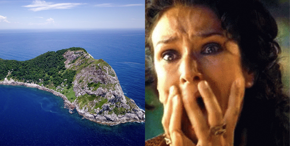 Island and terrified woman split image