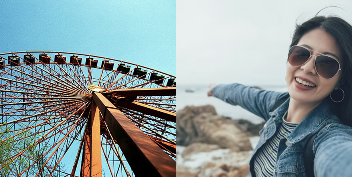 Old ferris wheel and tourist selfie split image