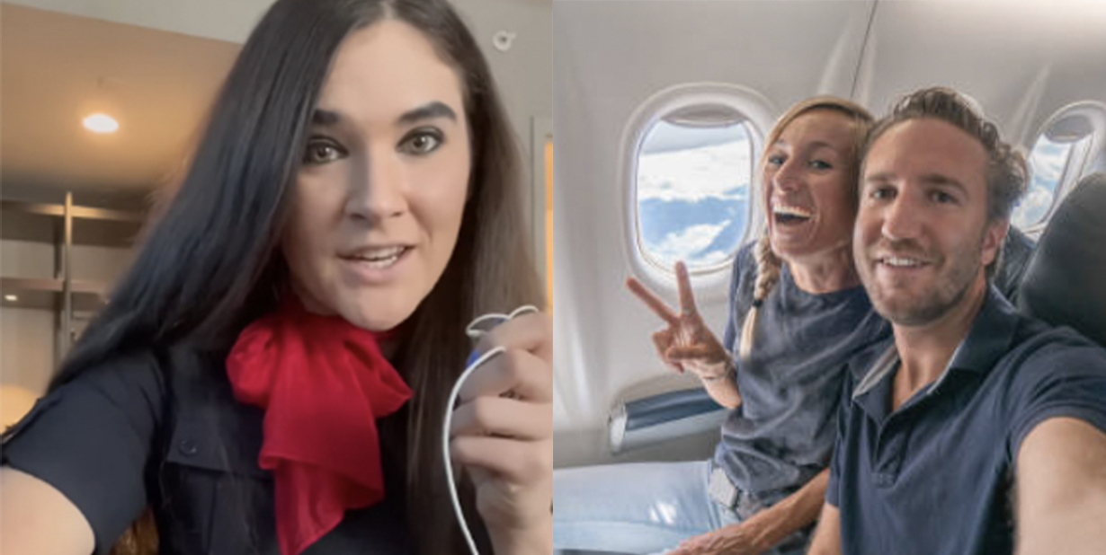 Flight attendant selfie and couple on airplane selfie split image