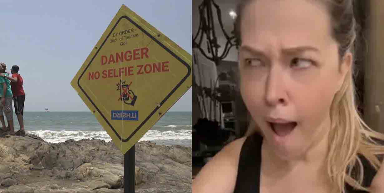Danger sign and skeptical woman face split image