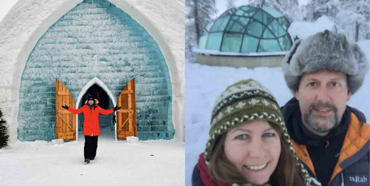 Person at igloo resort and selfie with igloo split image