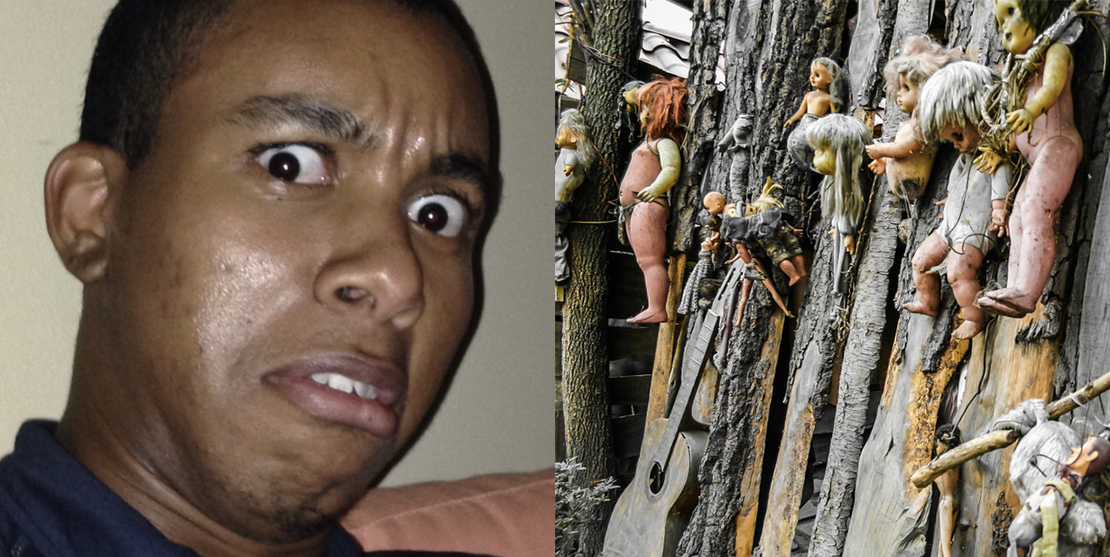 Creeped out guy and wall of scary dolls split image