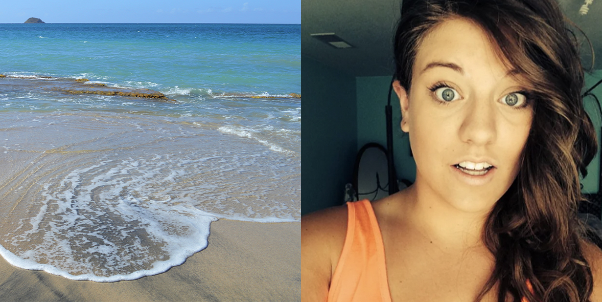 beach and shocked woman split image