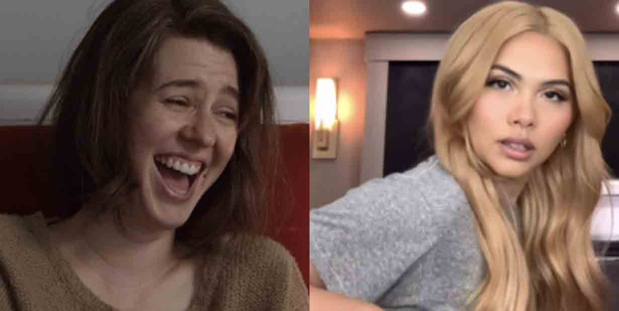 Woman laughing and woman shocked split image