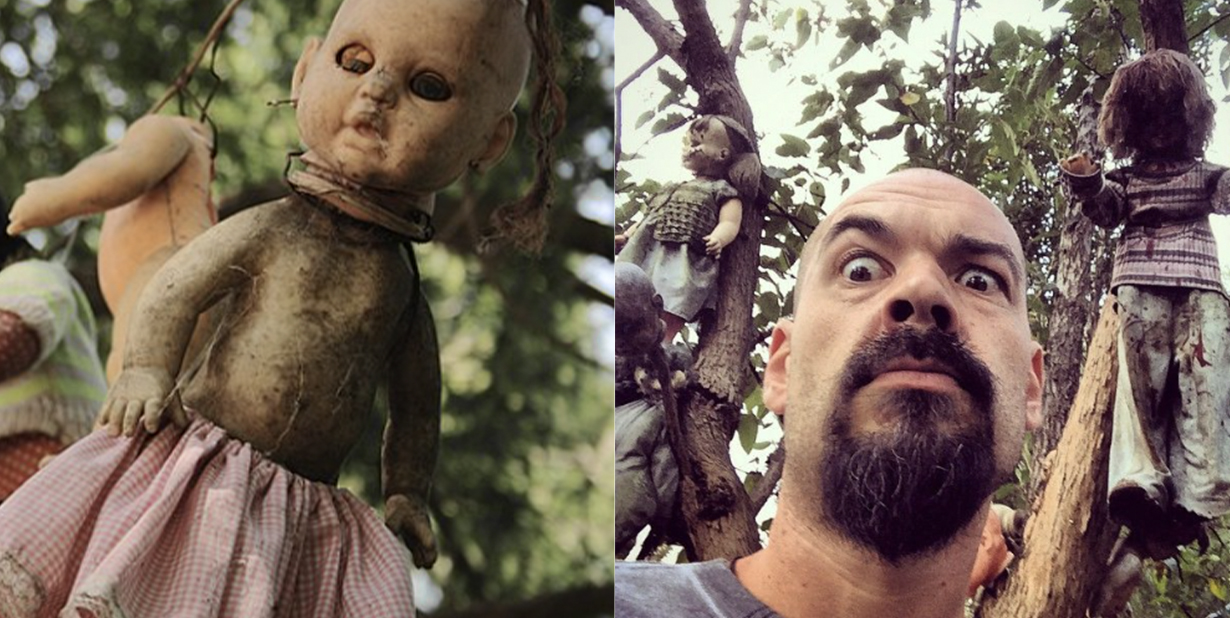 Creepy dolls and tourist split image