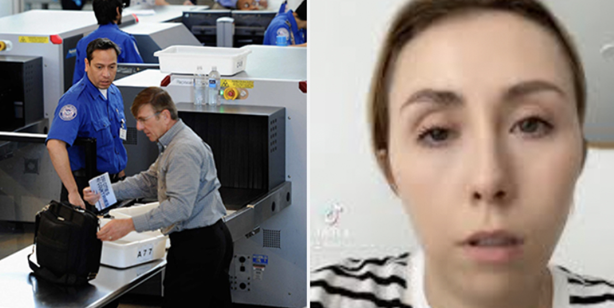 Airport security and annoyed woman split image