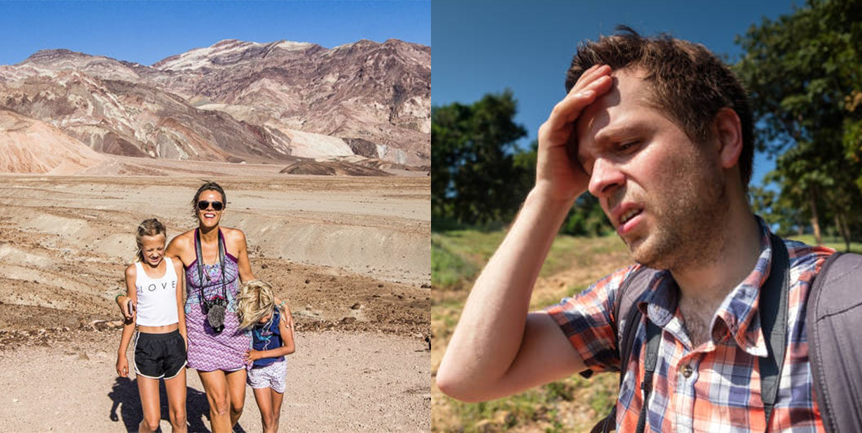 death valley tourists and distressed man split image