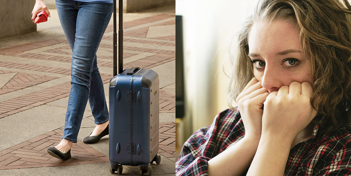 Luggage and worried woman split image
