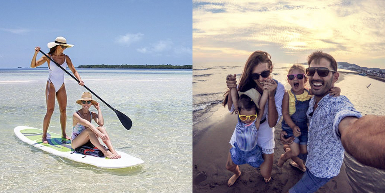 Paddle boarding and family tourists split image