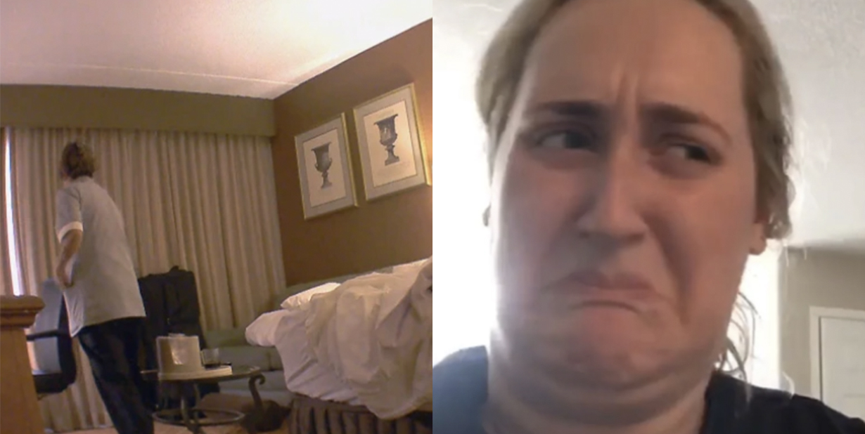 housekeeping and grossed out woman split image