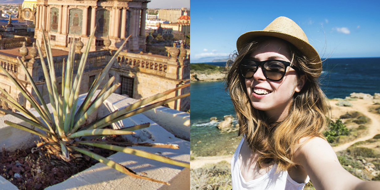 Tropical plant and tourist selfie split image