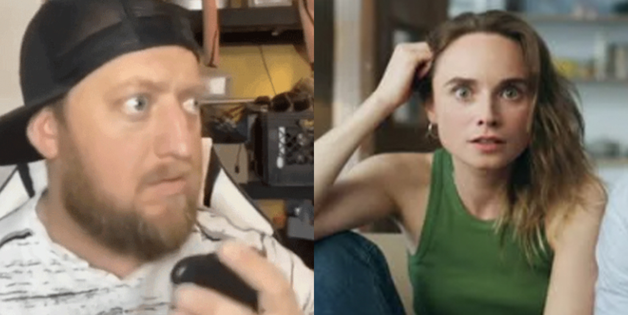 Shocked man and woman split image