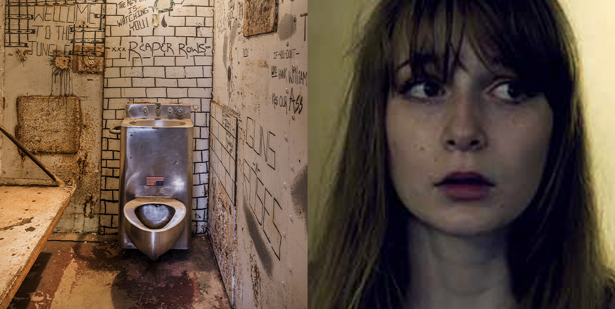Prison cell and scared woman split image