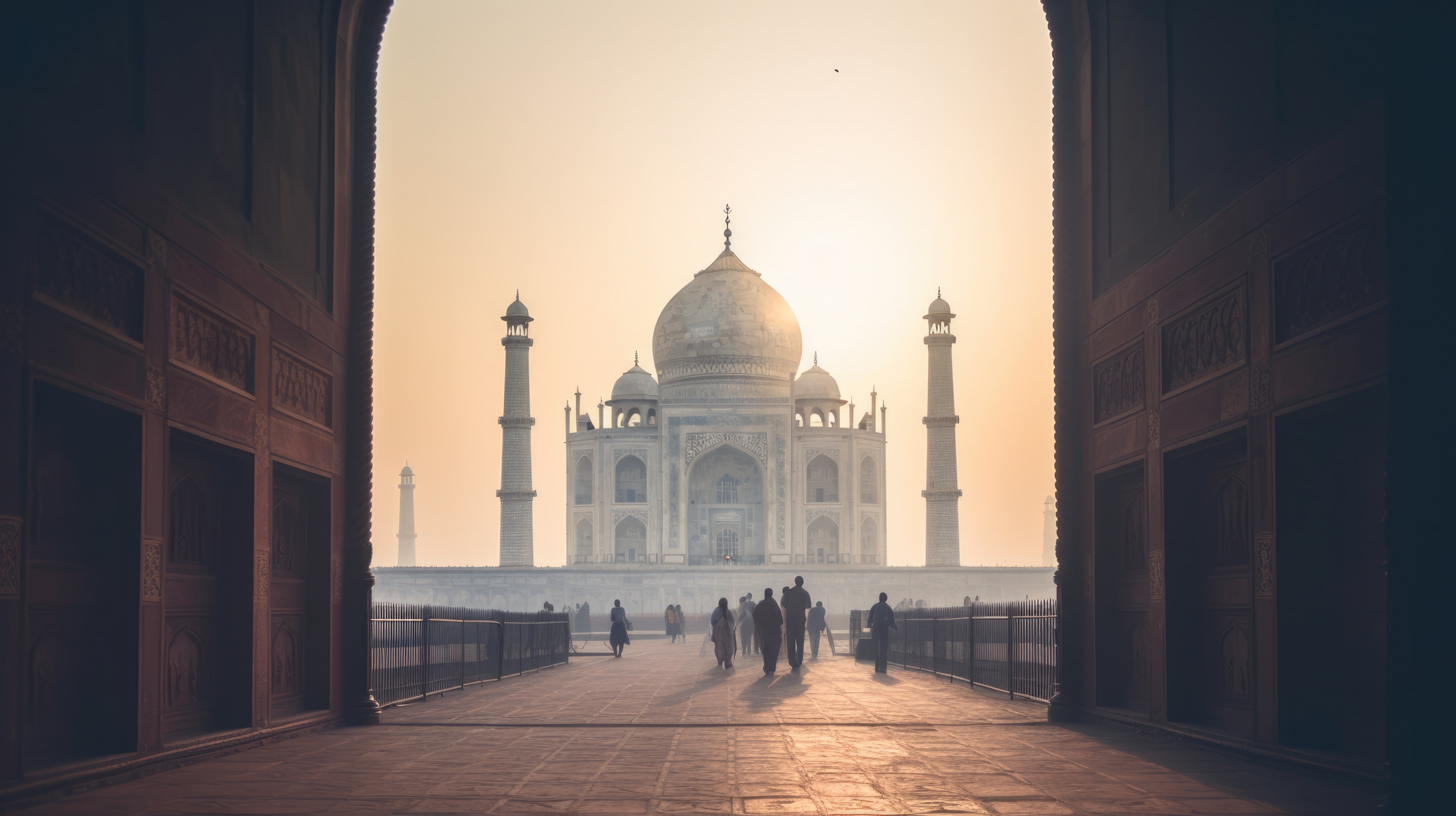 People in front of the Taj Mahal on a foggy day