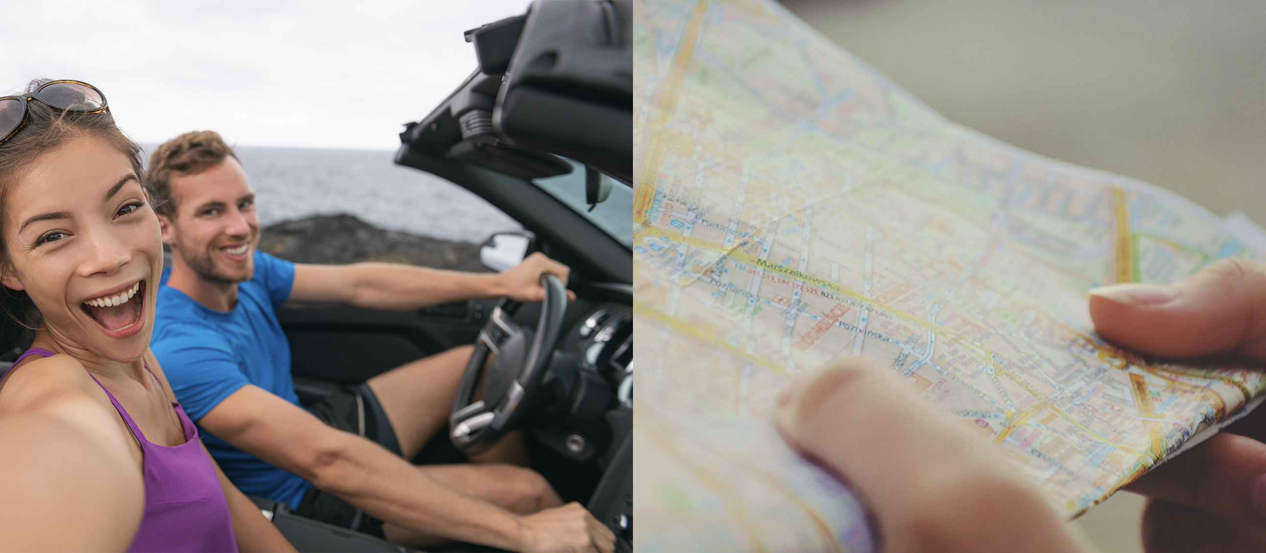 Couple on a road trip and a paper map split image