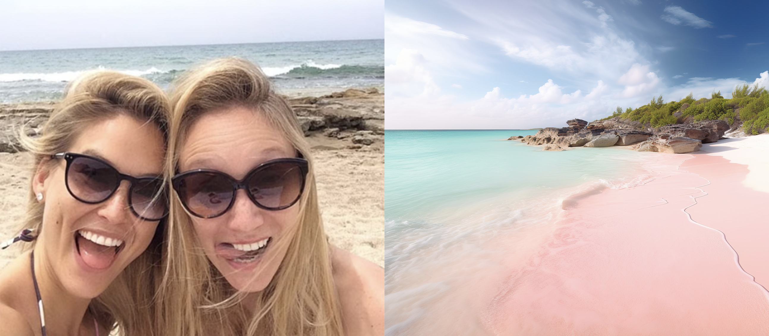 tourist selfie and pink beach split image
