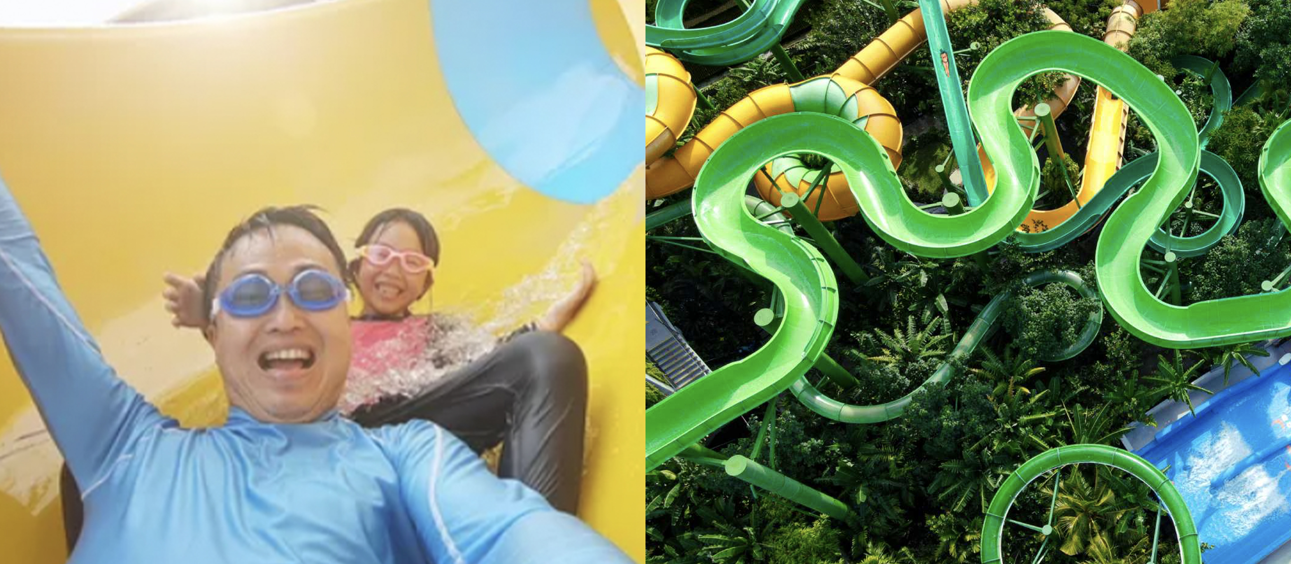 Water slide selfie and waterpark split image