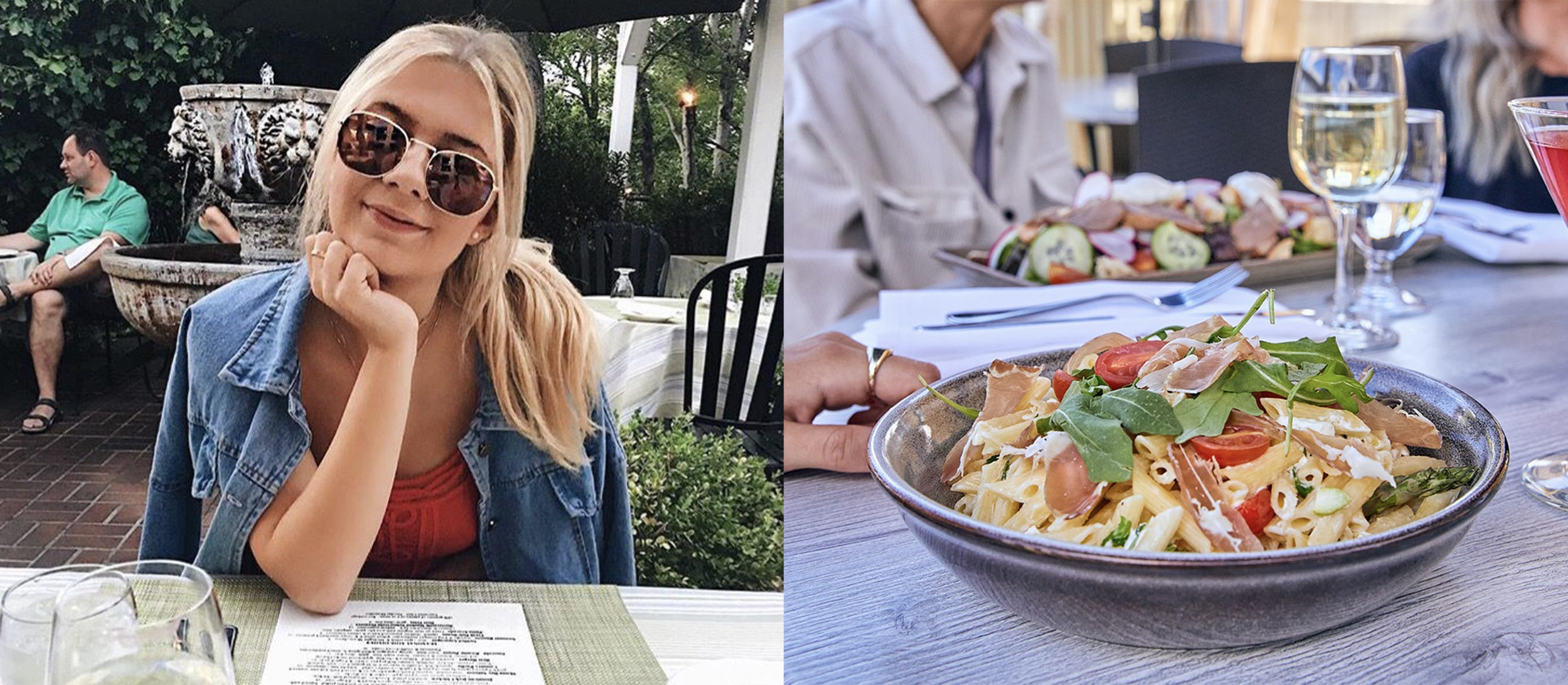 Woman at restaurant and food split image