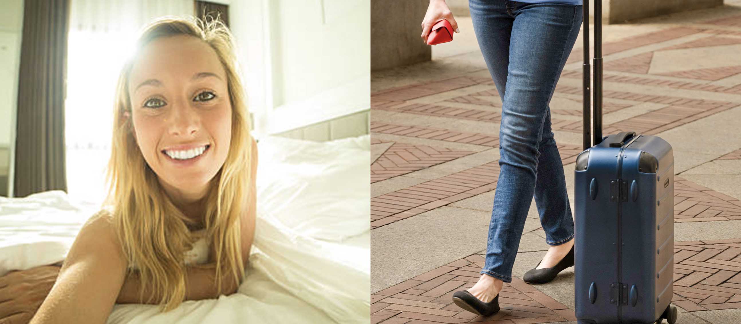 woman on hotel bed and luggage split image