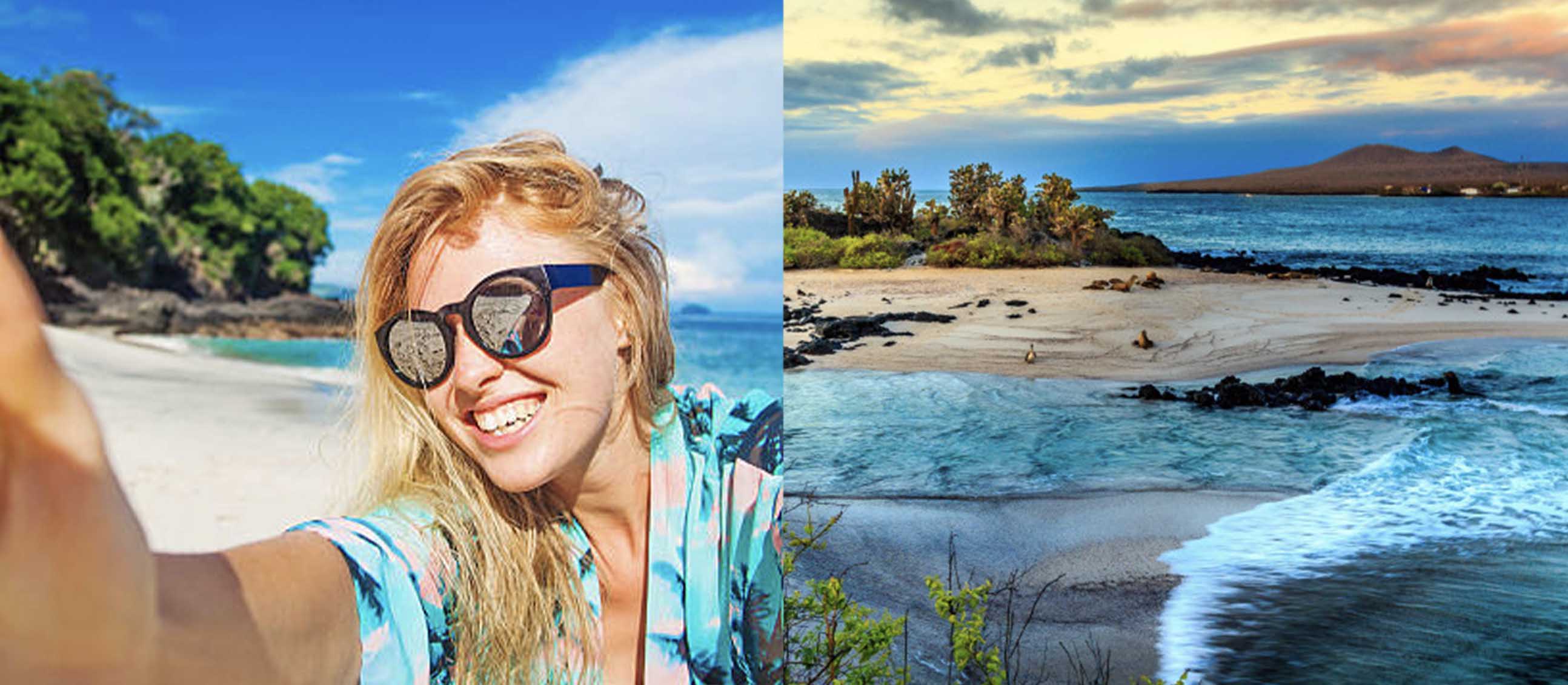 Vacation selfie and destination split image