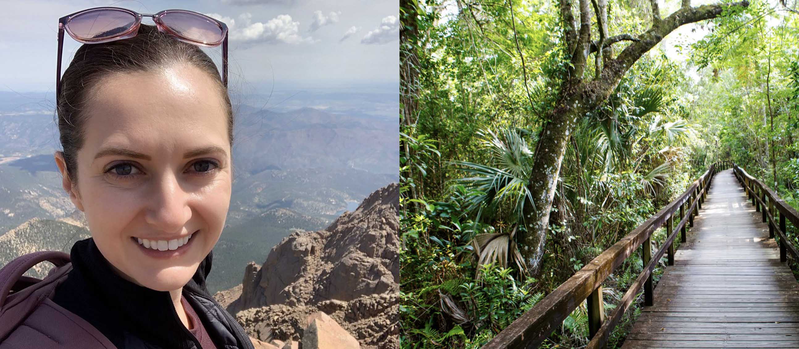 Hike selfie and forest split image
