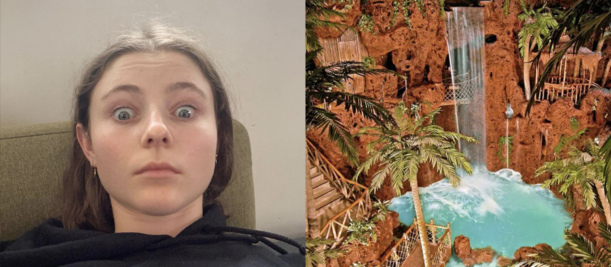 shocked girl and cliff diving split image