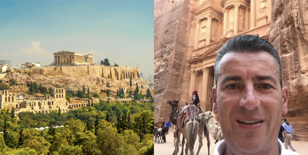 ancient city and man selfie split image