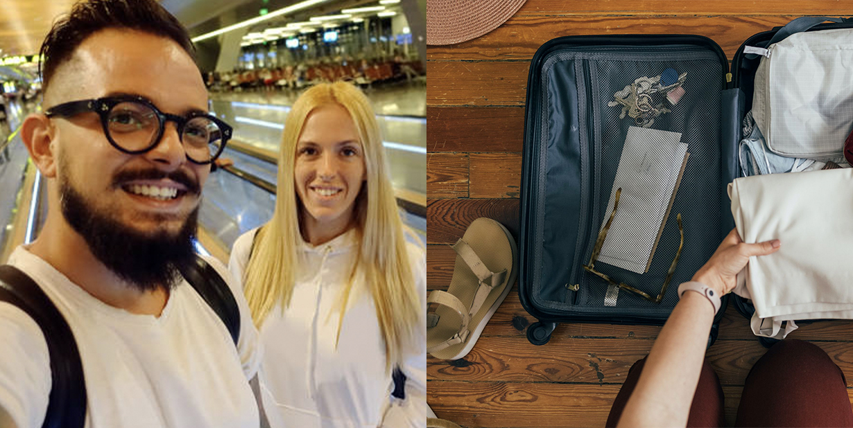 Travel selfie and packing bag split image