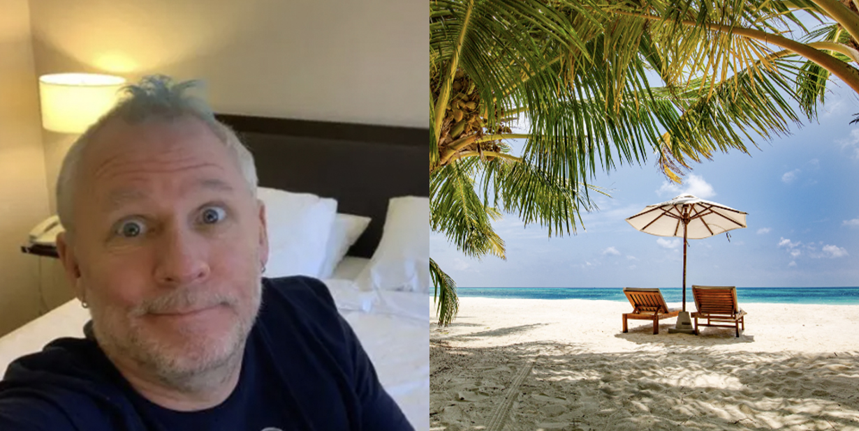 Weird man and beach split image