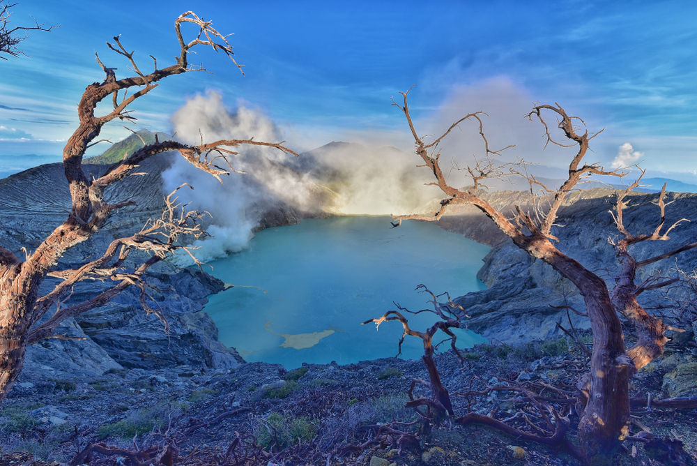 Ijen Volcano during sunrise and the lake