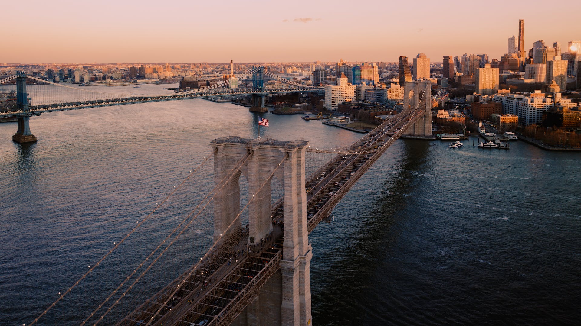 Brooklyn Bridge at sunset.