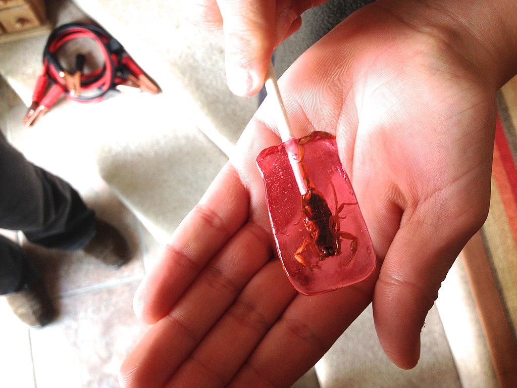 Close-up photo of a Scorpion Lollipop placed on human hand