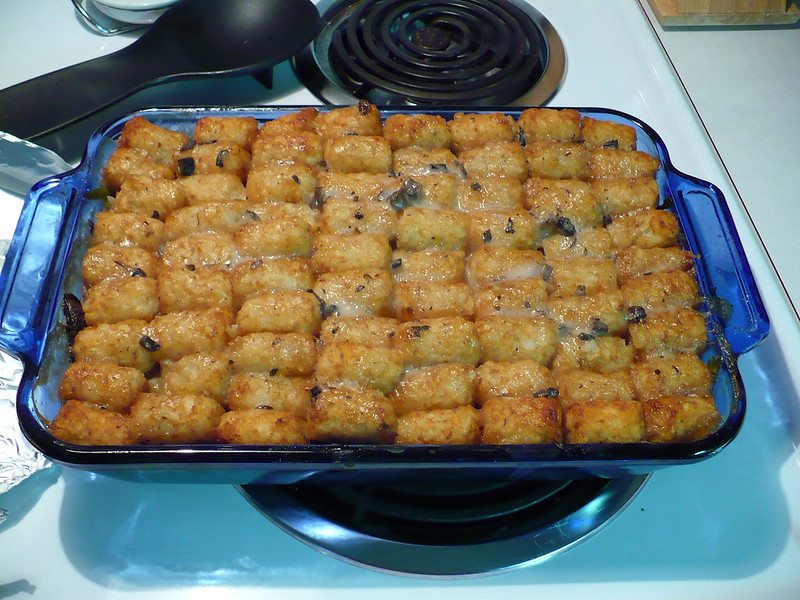 Close-up Photo of Tater Tot Hotdish in a blue plate