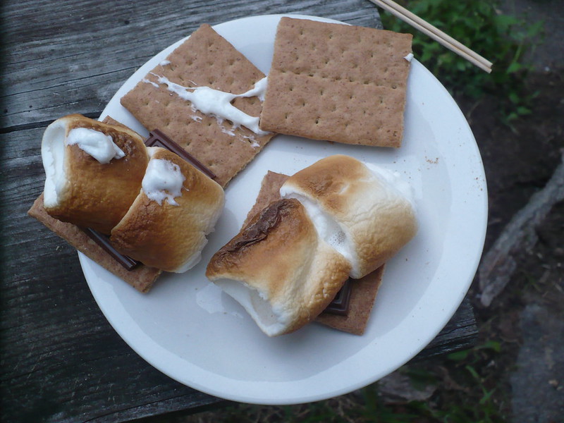 Close-up S'mores on a white plate placed on a wooden table.
