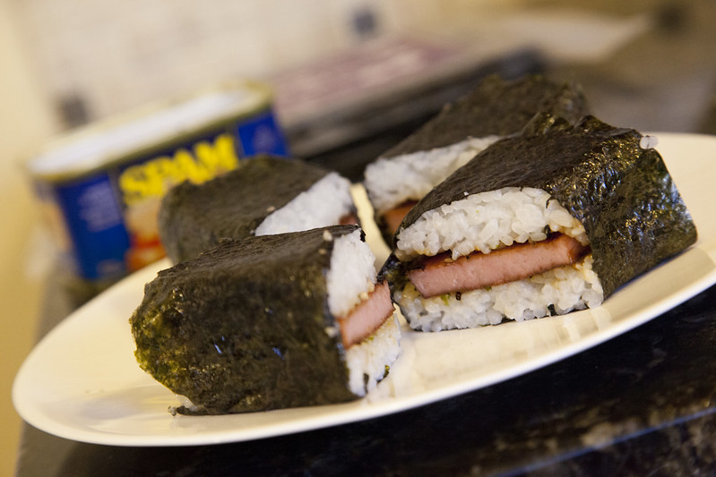 Close-up photo of Spam musubi on a plate