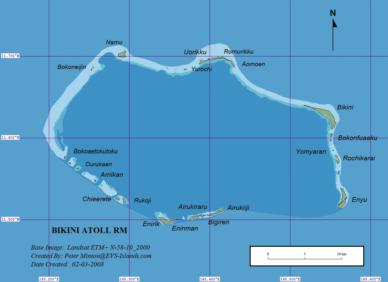 Map of Bikini Atoll, Ralik Chain, Marshall Islands, Pacific Ocean - 2008