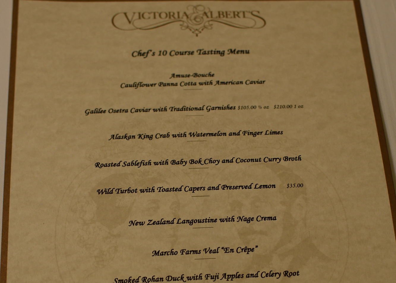 The Menu at Victoria and Albert's Restaurant