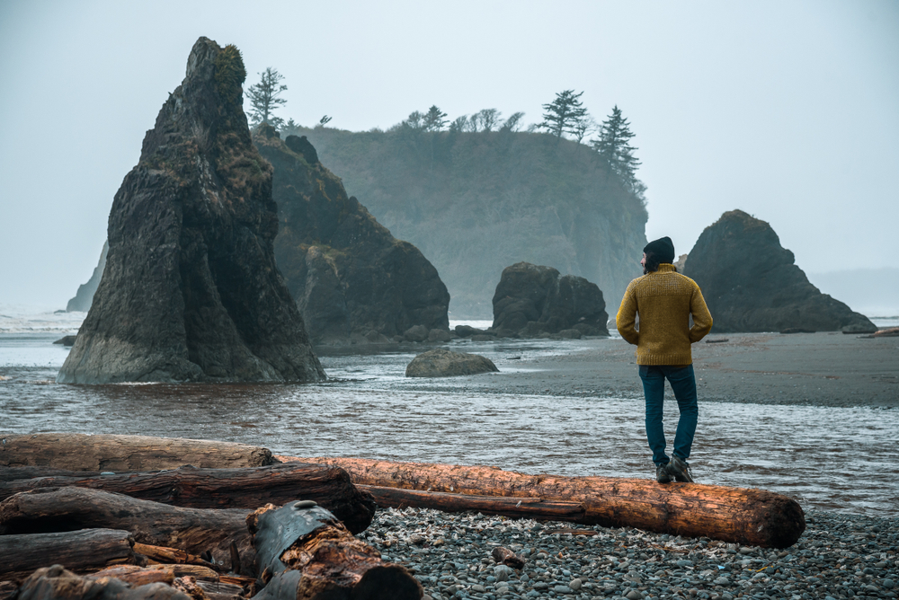 View of a man on a beach in Olympic National Park, Washington.