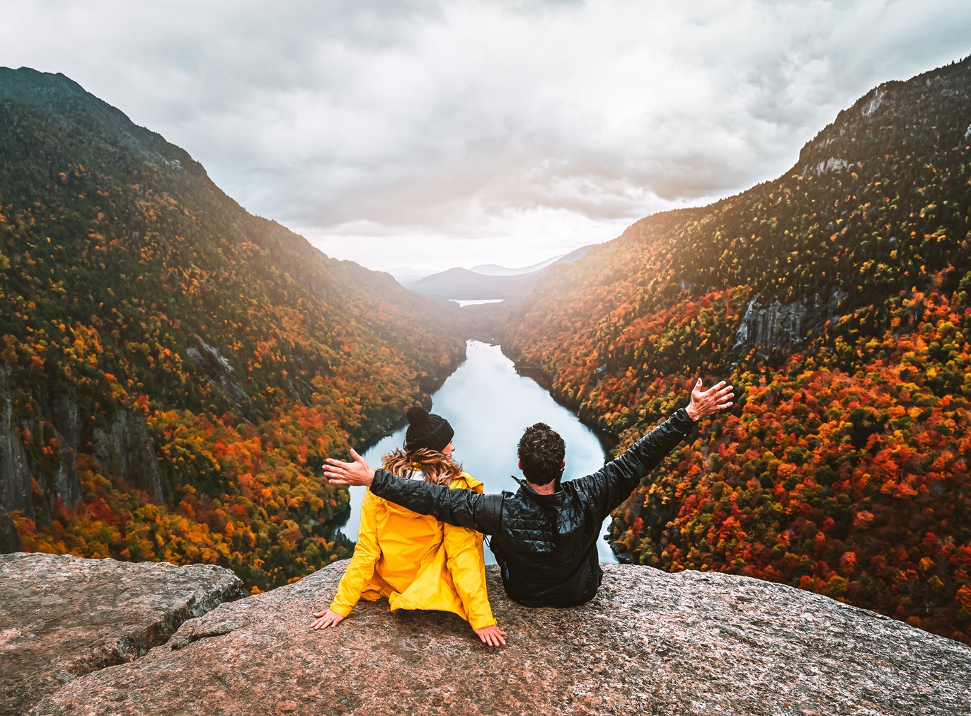 Autumn Fall Foliage Indian Head Adirondacks Hiking Adventure Couple Sit Together,