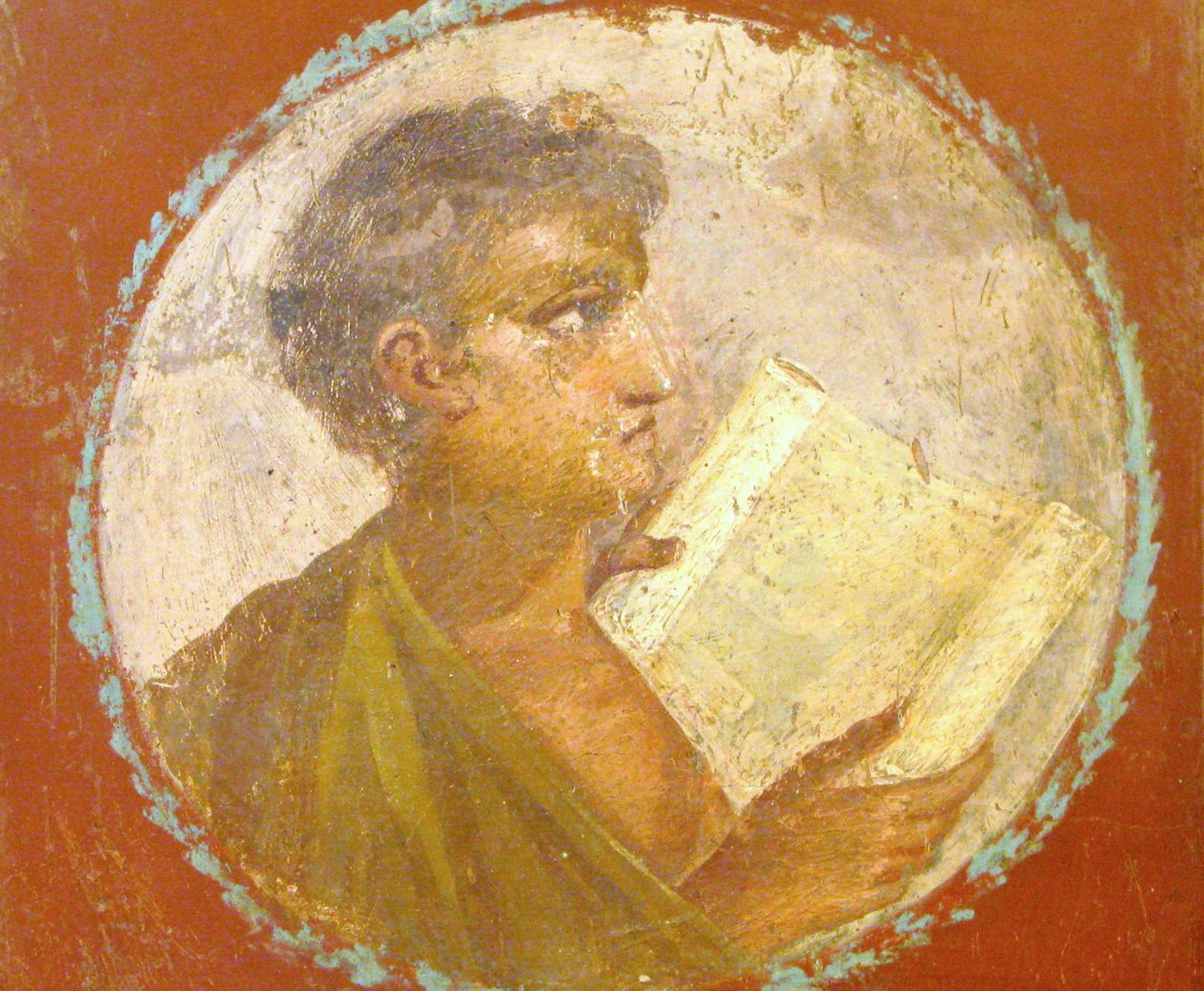 Roman portraiture fresco of a young man with a papyrus scroll
