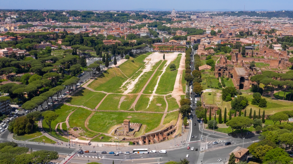 Aerial view of Circus Maximus, an ancient Roman chariot-racing stadium