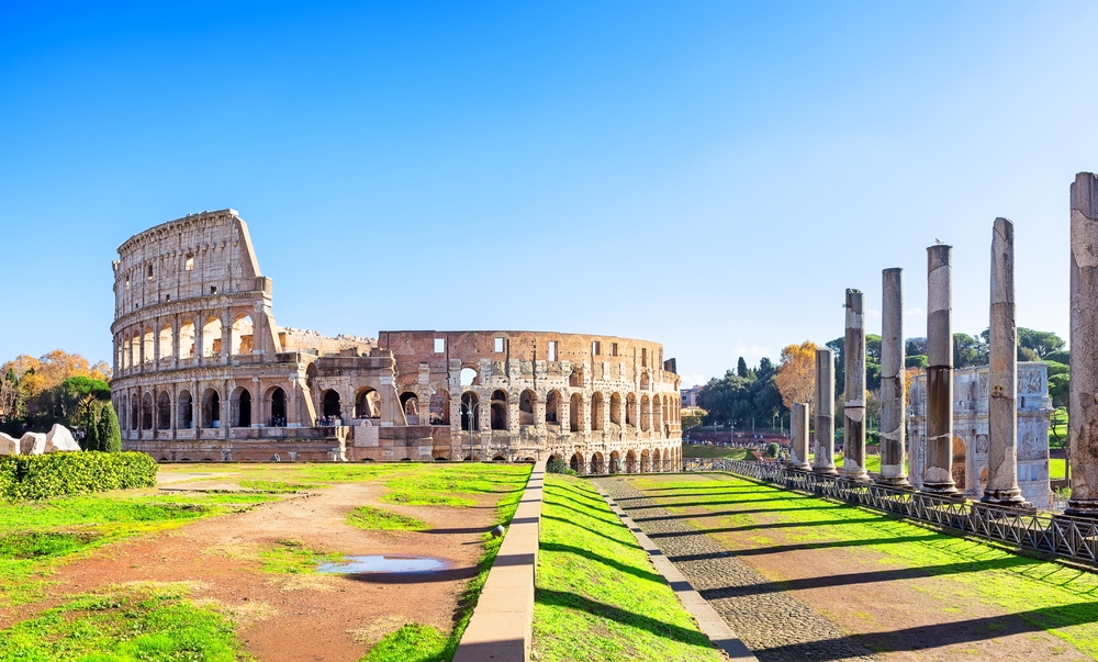 Road to Colosseum from Roman Forum in Rome, Italy.