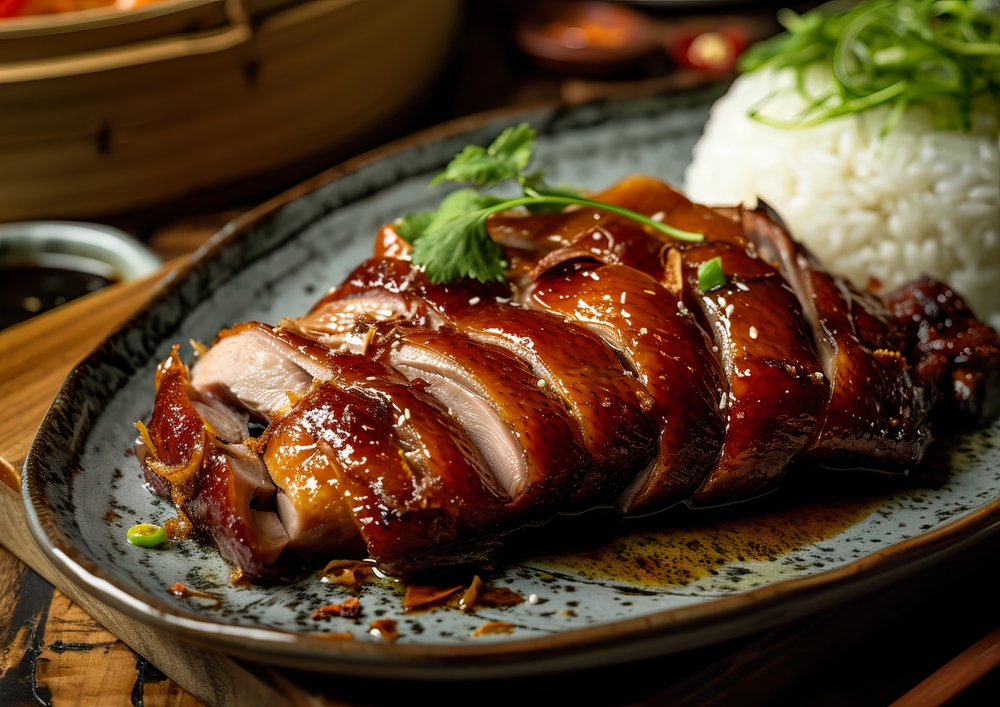 Peking duck served on a plate with garnishes