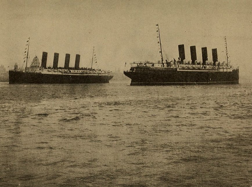 Photo of RMS Lusitania and RMS Mauretania in Movement