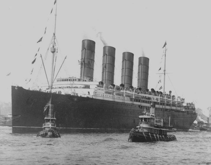 Grayscale Close Up Photo of RMS Lusitania arriving in New York