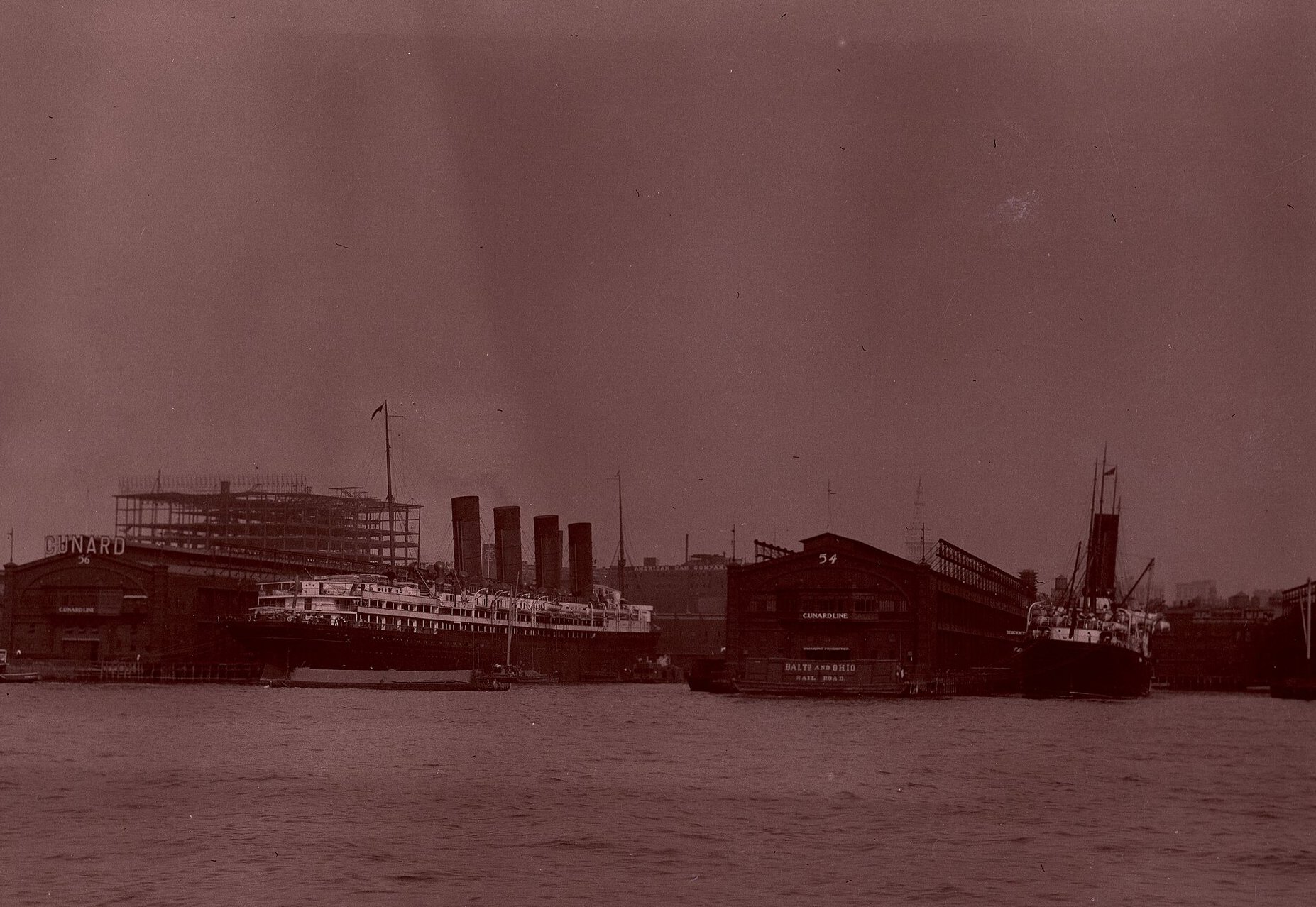 RMS Lusitania at the Cunard Dock in New York City Harbor